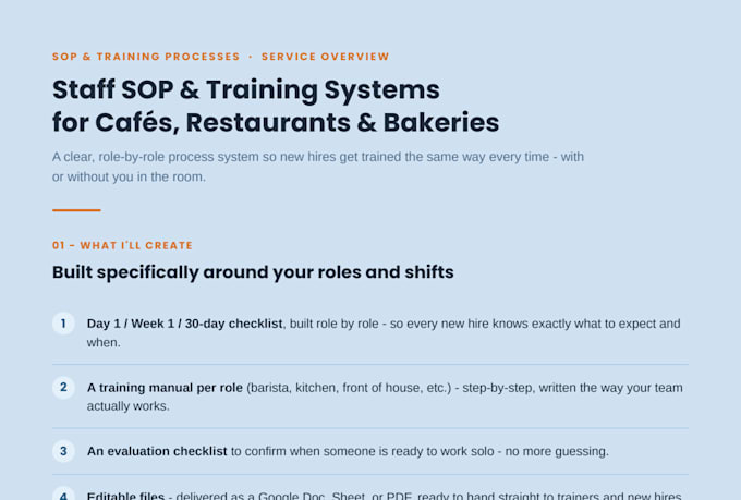 build staff sops and training systems with checklists and manuals